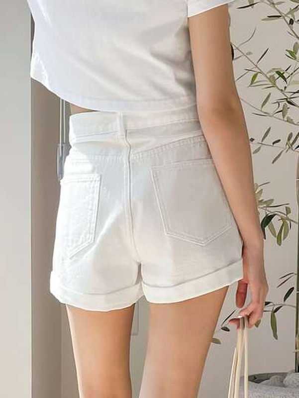 High Waist Roll Hem Denim Shorts