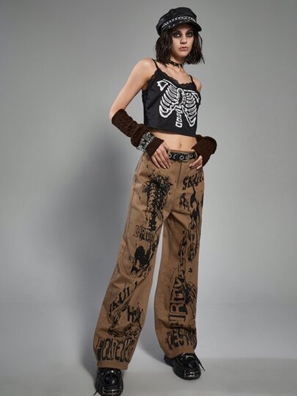 Grunge Punk Letter Skeleton Graphic Jeans Without Belt