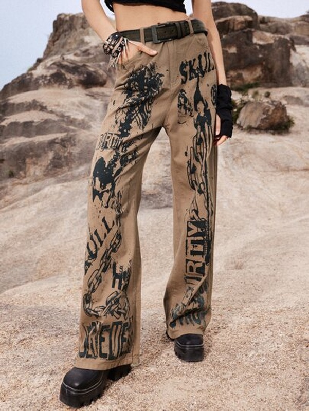 Grunge Punk Letter Skeleton Graphic Jeans Without Belt