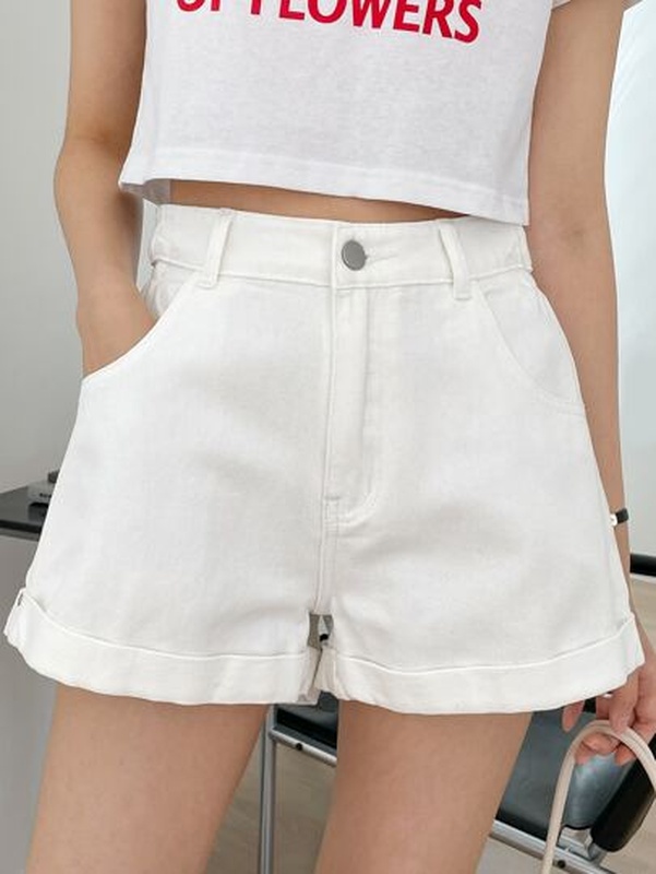 High Waist Roll Hem Denim Shorts