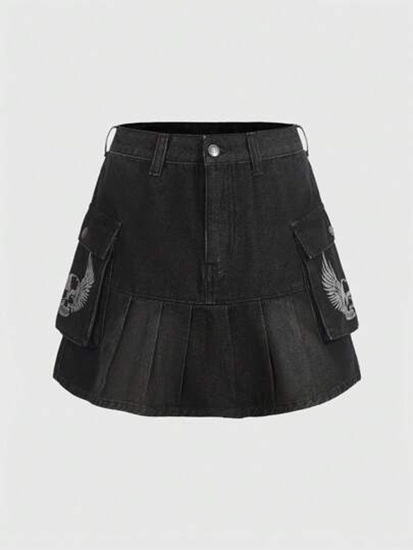 Fairycore Skull Print Flap Pocket Pleated Hem Denim Skirt