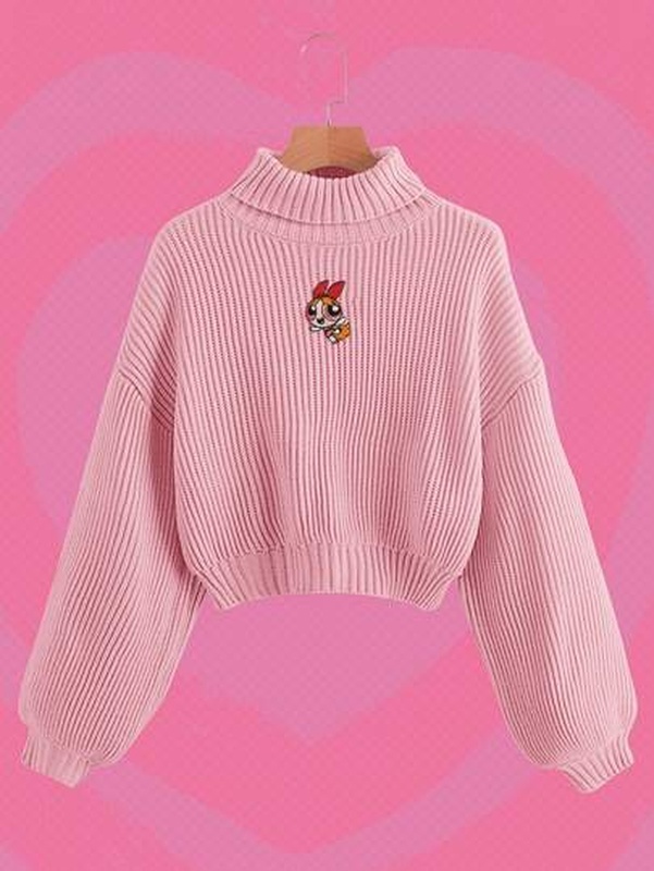 The Powerpuff Girls ROMWE Cartoon Embroidery High Neck Bishop Sleeve