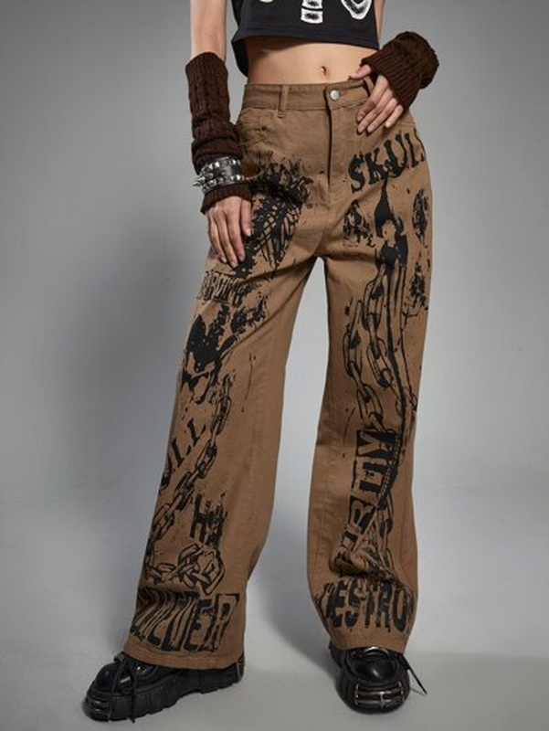 Grunge Punk Letter Skeleton Graphic Jeans Without Belt