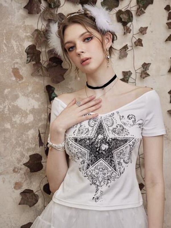 Fairycore Star Print Off Shoulder Tee