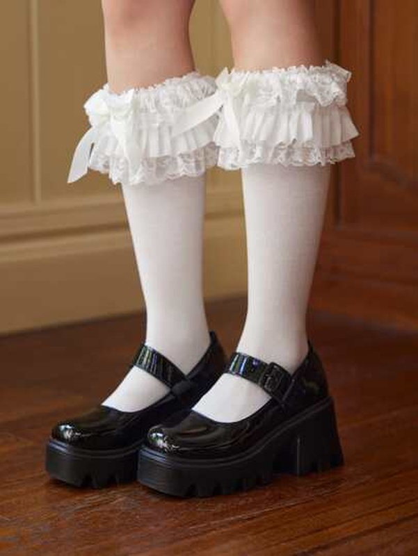 Bow Decor Ruffle Trim Over The Calf Socks