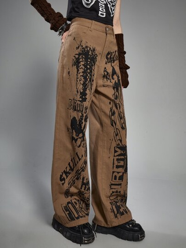 Grunge Punk Letter Skeleton Graphic Jeans Without Belt