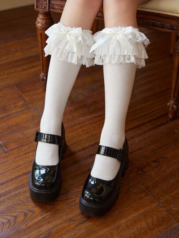 Bow Decor Ruffle Trim Over The Calf Socks