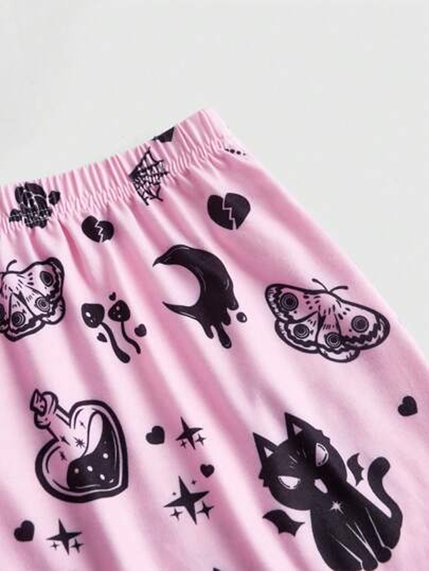 Anime Cat Print Contrast Lace PJ Set