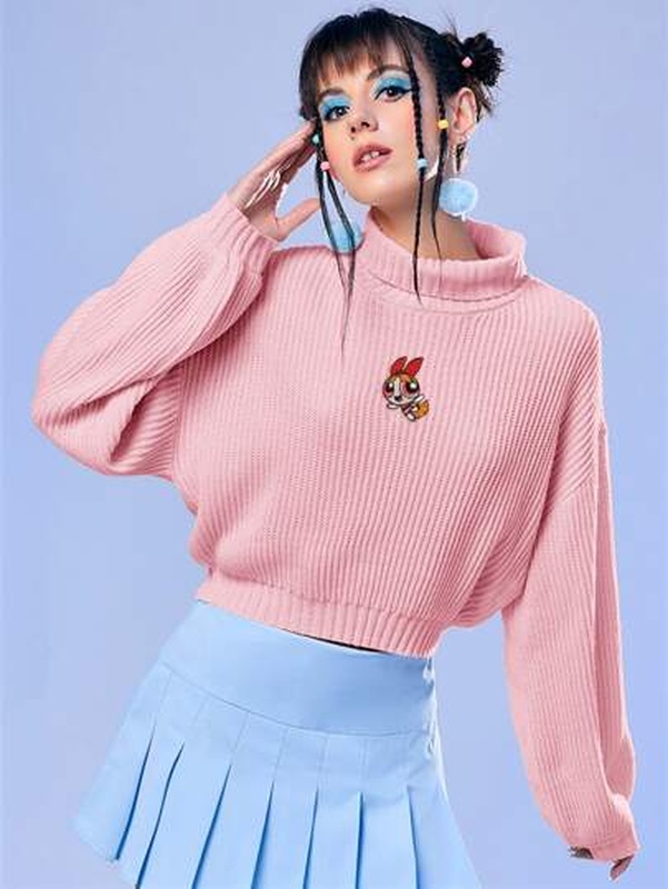 The Powerpuff Girls ROMWE Cartoon Embroidery High Neck Bishop Sleeve