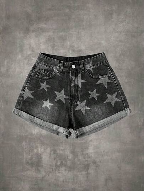 Star Print Roll Up Hem Denim Shorts