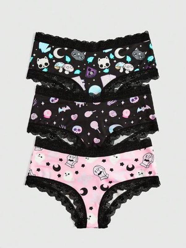 Anime 3pack Cartoon Graphic Contrast Lace Brief