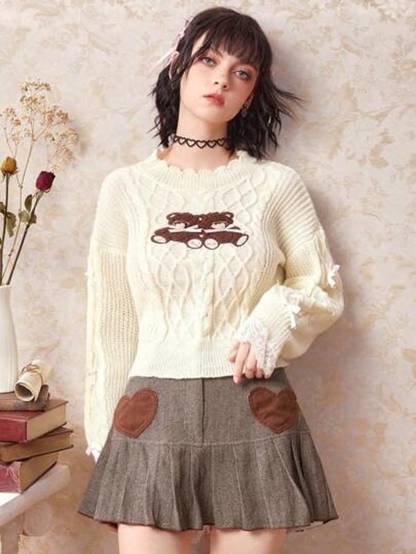 Kawaii Bear Embroidery Cable Knit Drop Shoulder Sweater