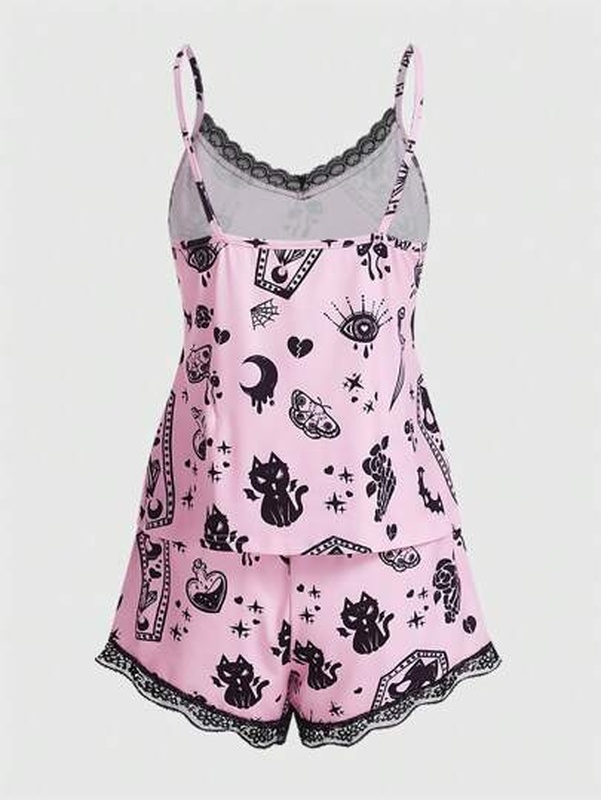 Anime Cat Print Contrast Lace PJ Set