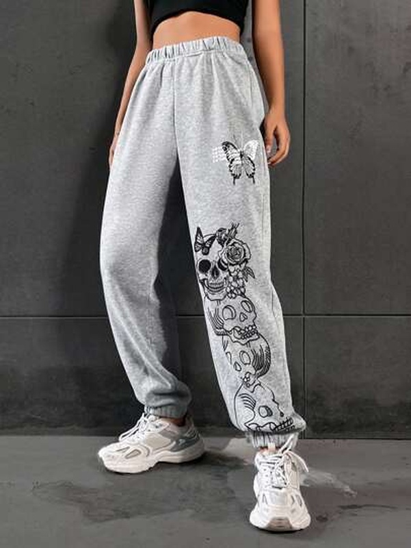 Butterfly amp Skull Print Sweatpants