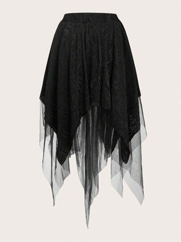 Contrast Mesh Asymmetrical Hem Skirt