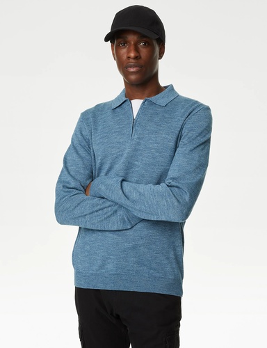 Cotton Rich Zip Up Knitted Polo Shirt