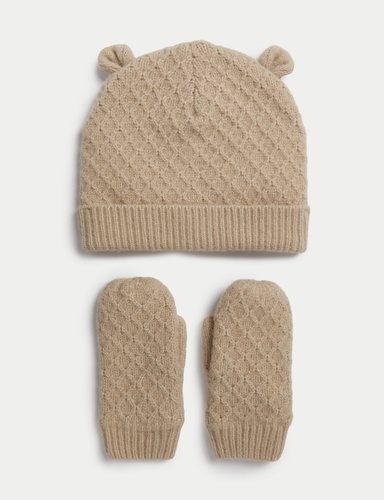 Kids Bear Ears Hat and Mitten Set 0 3 Yrs