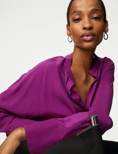 Cupro Rich Notch Neck Popover Blouse