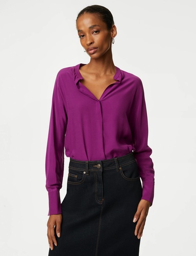 Cupro Rich Notch Neck Popover Blouse