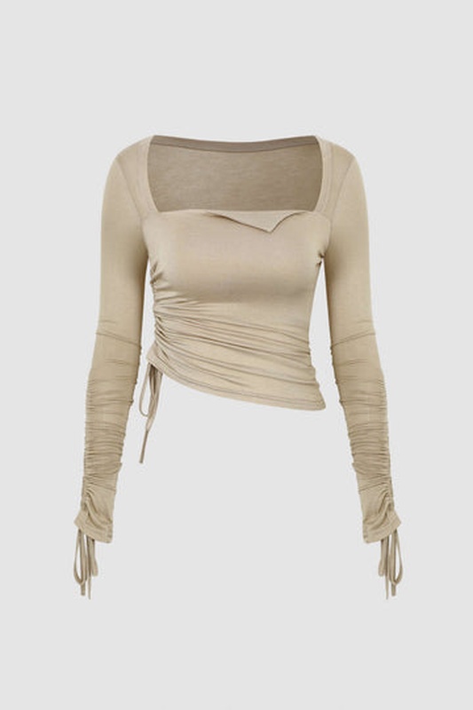 Square Neck Drawstring Ruched Long Sleeve Top