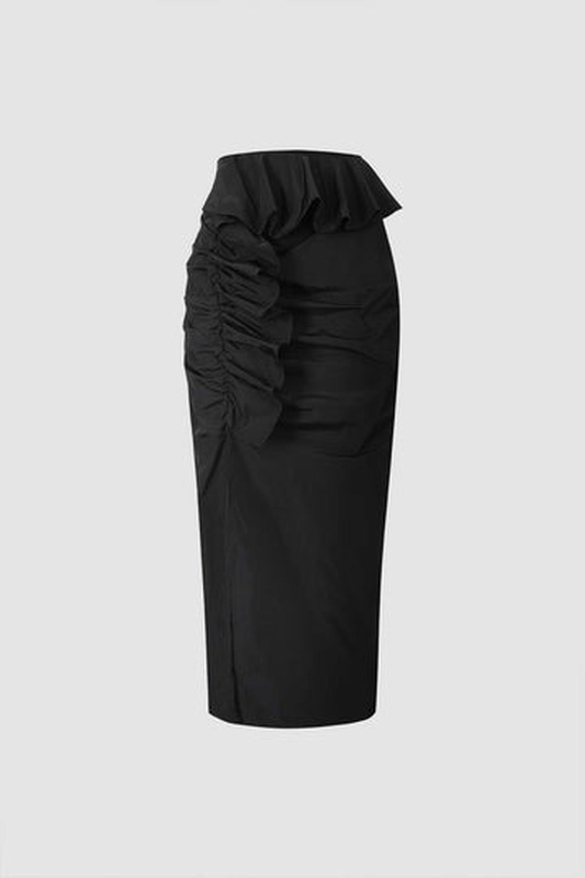 Ruffle Detail Satin Midi Skirt