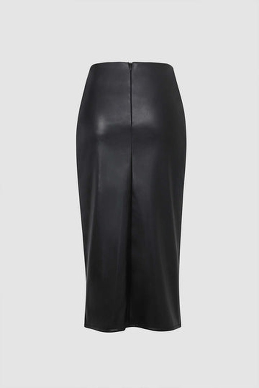 Faux Leather Side Slit Midi Skirt