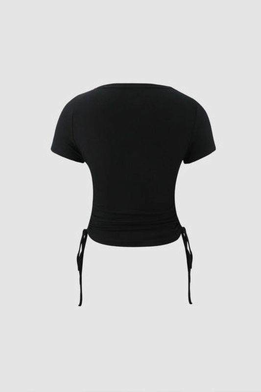 Ribbed Side Drawstring Crop T Shirt