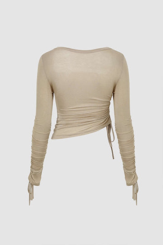 Square Neck Drawstring Ruched Long Sleeve Top