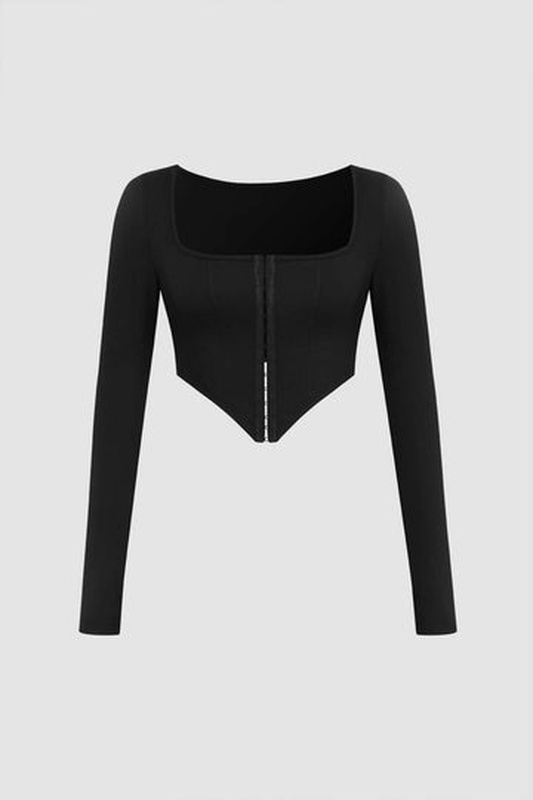 Long Sleeve Square Neck Hook And Eye Corset Top