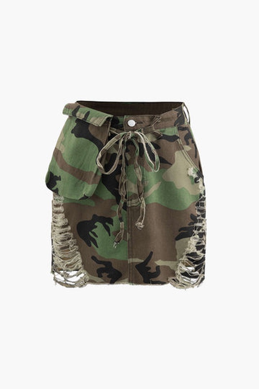 Camo Print Destroyed Mini Skirt