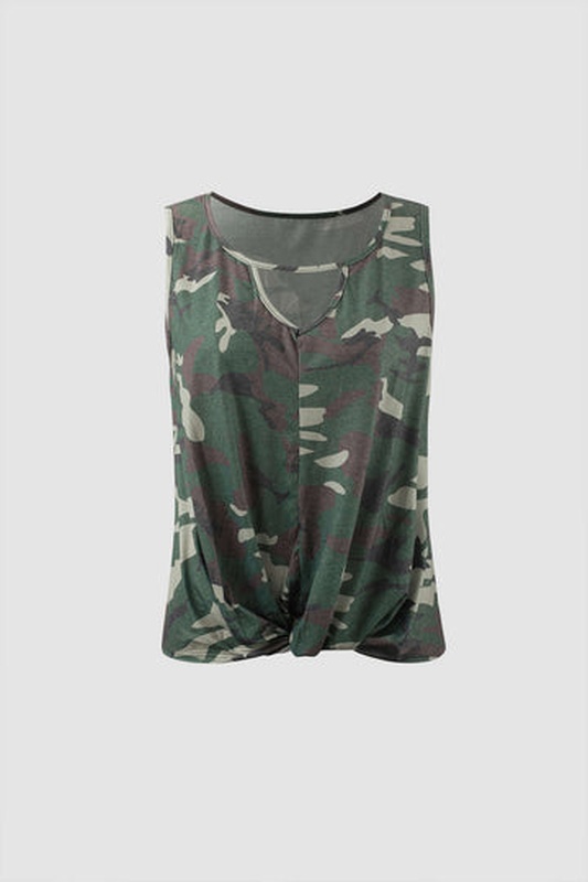 Camo Print Twist Hem Sleeveless T Shirt