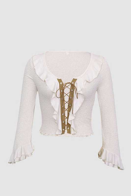 Tie Front Frills Long Sleeve Top