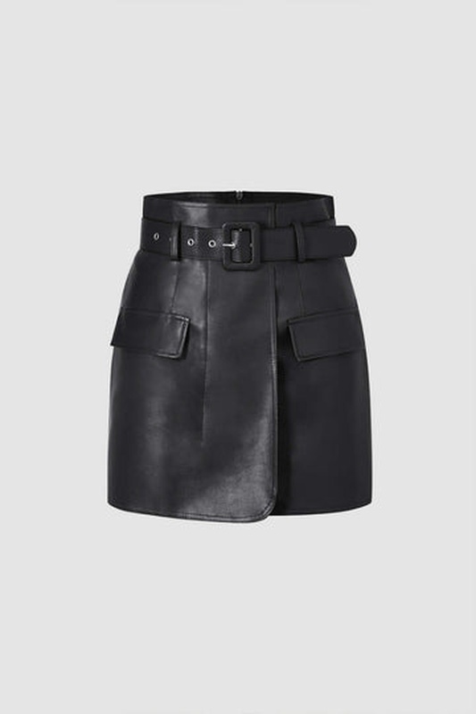 Faux Leather A line Mini Skirt With Belt