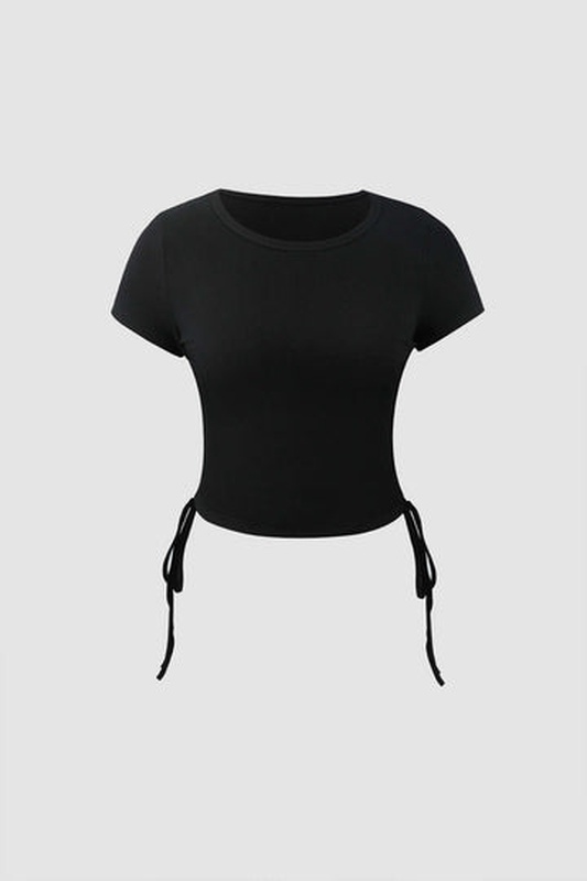 Ribbed Side Drawstring Crop T Shirt