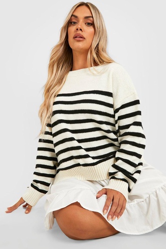 Plus Knitted Stripe Jumper 2 In 1 Shirt Dress