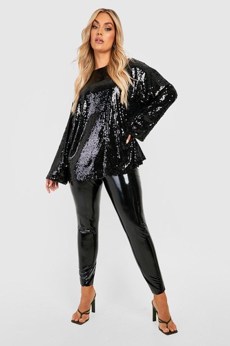 Plus Sequin Long Sleeve Open Back Top