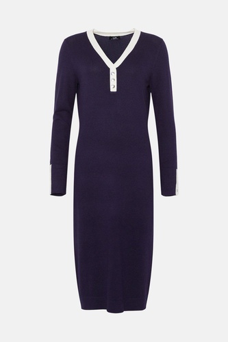 Tipped Button V Neck Knitted Dress