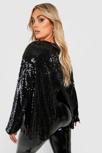 Plus Sequin Long Sleeve Open Back Top