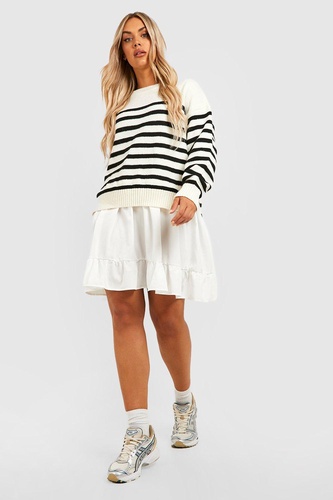 Plus Knitted Stripe Jumper 2 In 1 Shirt Dress