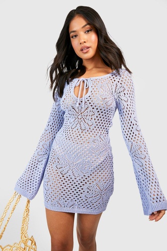 Petite Floral Crochet Knit Flare Sleeve Mini Dress