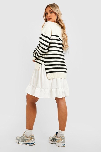 Plus Knitted Stripe Jumper 2 In 1 Shirt Dress