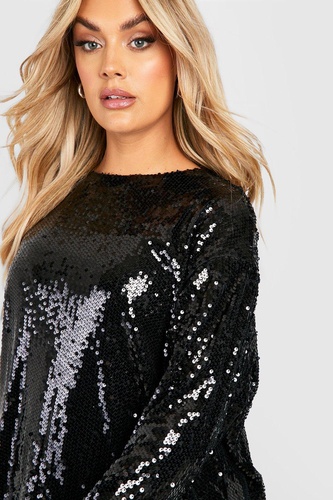 Plus Sequin Long Sleeve Open Back Top