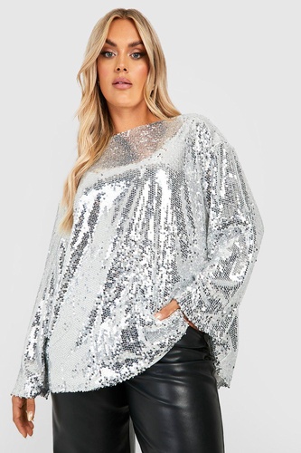 Plus Sequin Long Sleeve Open Back Top