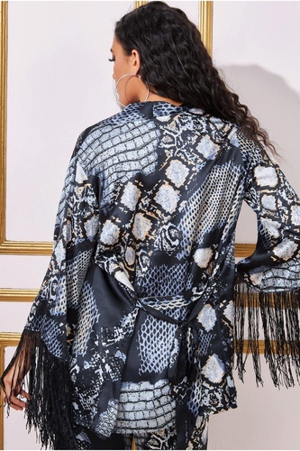 Foil Print Kimono With Tassels