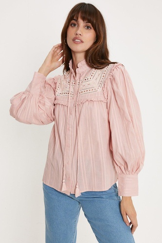 Lace Trim Panelled Yoke Balloon Sleeve Blouse