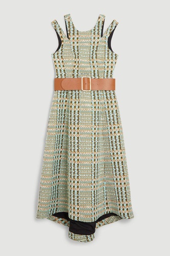 French Cotton Tweed Seam Detail Belted Midaxi Dress