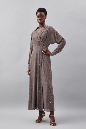 Embellished Plunge Batwing Woven Maxi Dress