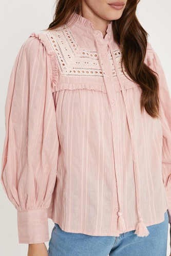 Lace Trim Panelled Yoke Balloon Sleeve Blouse