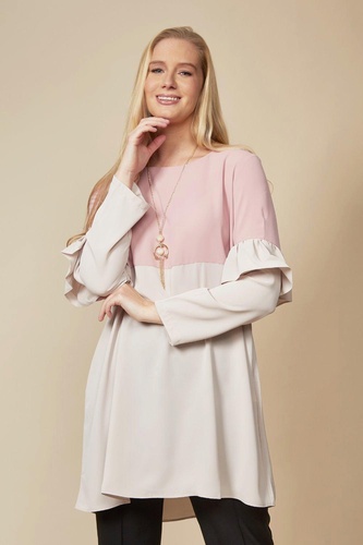 Oversized Long Sleeves Frill Detailed Colour Block Tunic Top