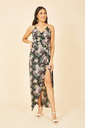 Black Satin Floral Wrap Maxi Dress